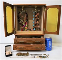 Vintage Wood Jewelry Box w Costume Jewelry