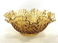 Amber glass hobnail ruffle edge bowl
