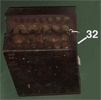 Patented wooden auger bit box with fold-down top