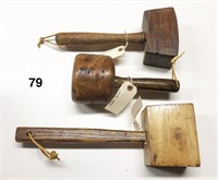 Three assorted wooden mallets incl. carvers and jo