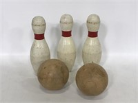 Vintage wooden bowling pin & balls