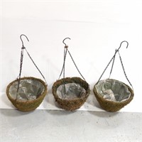 Trio of hanging faux moss planters