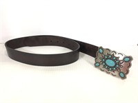 Leather belt silver tone painted turquoise buckle