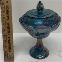 Vintage Blue Carnival Glass Covered Compote