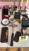 Stamps, pens, hammer, silver plate