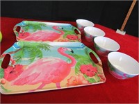Pink Flamingo Party Set- 2 Trays 4 Bowls