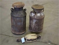 (2) Vintage Milk Cans & Vintage Pulley