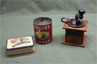 Vintage Coffee Grinder, Folgers Tin & Sharps Candy