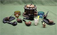 Vintage Pipe Holder, Assorted Decorative Pipes &