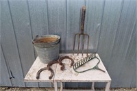 2 TIN PAILS/ GARDEN TOOLS/ HORSE SHOES