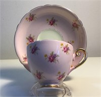 SHELLEY PINK ROSE BUD TEACUP & SAUCER FOOTED
