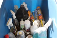 Plastic storage bin with supplies