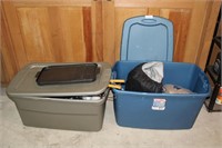 air mattress, camp cooking supplies in bin