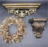 Ornate Wall Shelves & Feather Wreath