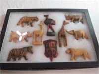 (10) Vintage Wood Carved Animals in Shadow Box