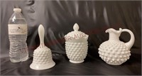 Fenton Milk Glass Hobnail Bell, Sugar Bowl & Cruet