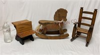 Wooden Doll Desk, Rocking Horse & Chair