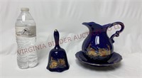 Cobalt Blue Porcelain Hand Bell, Pitcher & Bowl