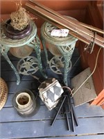 Pair of Metal Plant Stands, Wind Chimes, Plaques,
