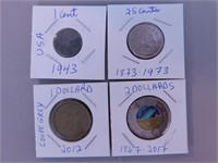 Lot de 4 monnaie Canada/USA; 25c Canada 1973