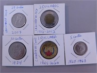 Lot 5 pièces monnaie Canada dont 5c 1967