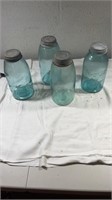 4 blue blown glass mason jars