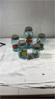 5 blue blown glass hand painted jars