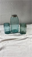 3 blue blown glass mason jars