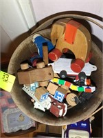 BUCKET WITH VINTAGE WOODEN CHILDREN'S TOYS, BABY D