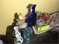 GROUP OF ITEMS, GLASS ON TOP OF DESK