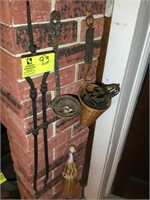 GROUP OF ITEMS AT FIREPLACE, HANGING, FIRE TONGS,