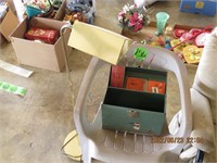 Plastic chair- floor light- misc box of adv items
