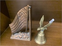 BRASS FLAG BOOKEND AND EAGLE BELL