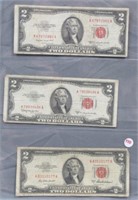 1953 A, B, and C (3) $2 Red Seal Notes.