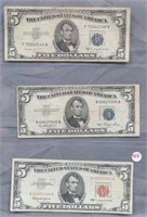 (3) $5 US Notes Including: 1953 Silver