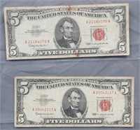 (2) 1963 $5 Red Seal Notes.