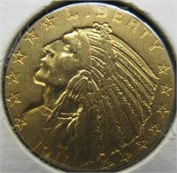 1911 $5 Indian Head Gold Half Eagle.