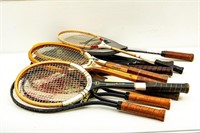 9 Vintage Tennis Rackets & 1 Badminton Racket