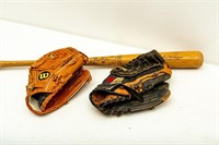 Sears Roebuck Ted Williams Baseball Bat & 2 Gloves