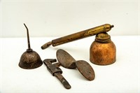 4 Great Old Metal Tools - Sprayer, Wrench, Oiler +