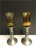 Pr Pewter Candleholders w/Swirl Glass Globes
