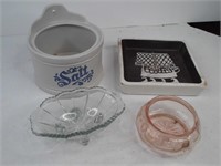 Large ashtray, Salt jar and glass trays.