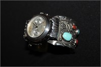 Heavy Silver Turquoise Coral Cuff Watch Bracelet