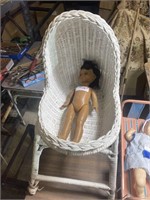 Wicker Basinet with Standing Doll