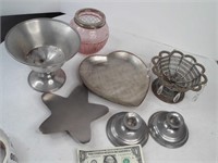 metal kitchen items, pink glass jar