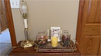 Table lamp and wrought iron tray with glass