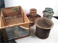 flower pots, basket and wood crate
