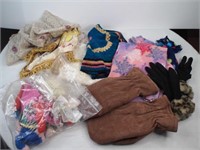 Misc linens, bag of barbie clothes, winter gloves