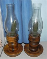 Pair Vintage Turned Wood Candle Lamps