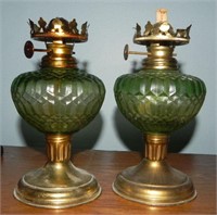 Antique Pair Green Glass Norleans Oil Lamps